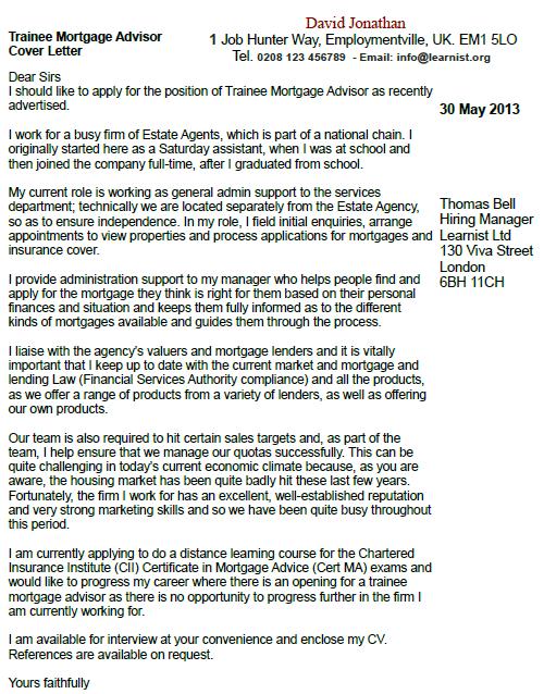 trainee mortgage advisor cover letter example