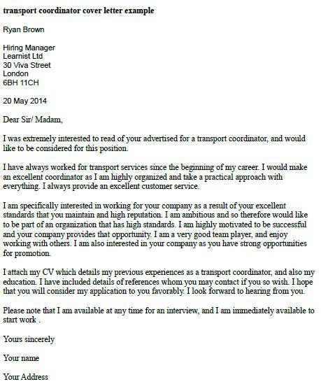 Transport Coordinator Cover Letter Example