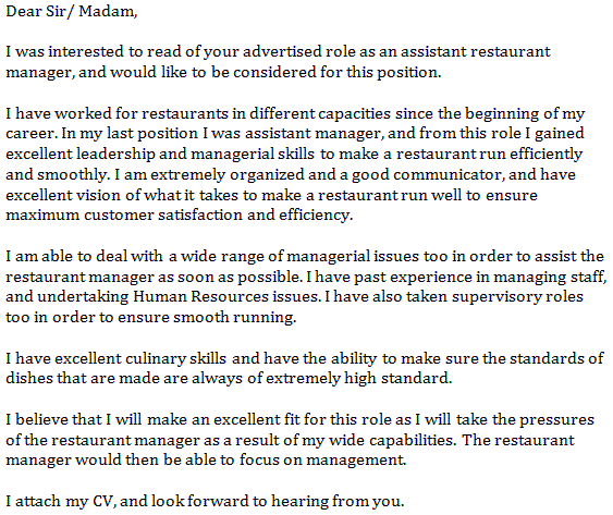 cover letter sample for assistant restaurant manager