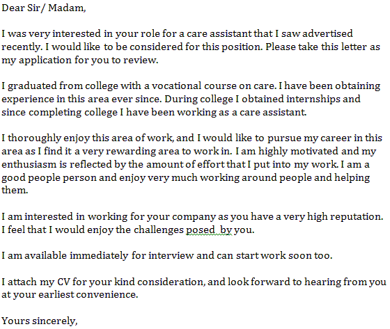 sample cover letter for care assistant job