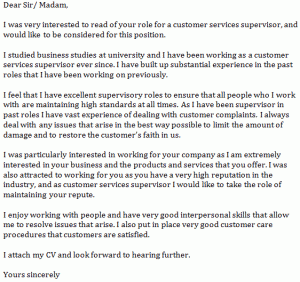 customer services supervisor cover letter example