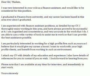 finance assistant cover letter example