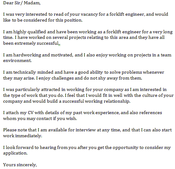 forklift engineer cover letter example