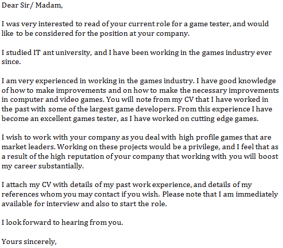 cover letter for game tester