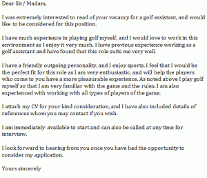 golf assistant cover letter example
