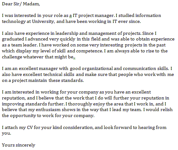 it project manager cover letter sample