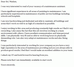 maintenance assistant cover letter example