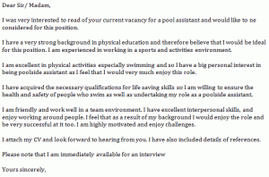 pool assistant cover letter example
