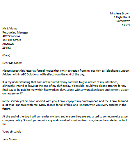 Resignation Letter Example No Notice from www.learnist.org