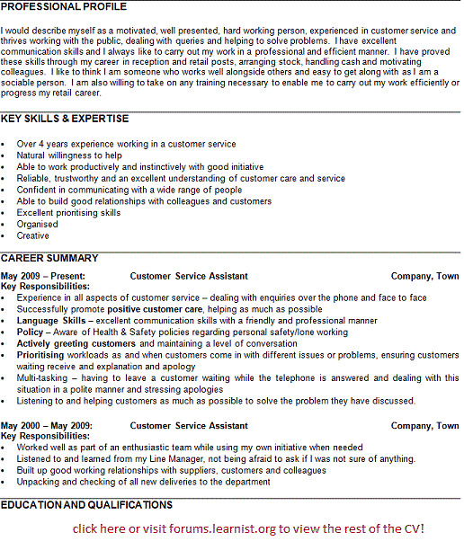 Customer Service Assistant CV Example - Learnist.org