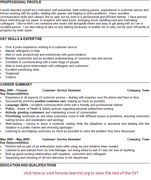 Customer Service Assistant CV Example Learnist