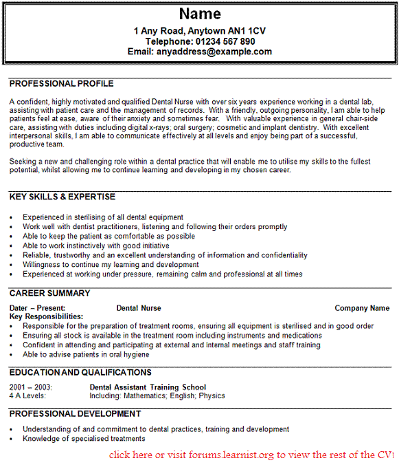 Dental Nurse Assistant CV Example - Learnist.org