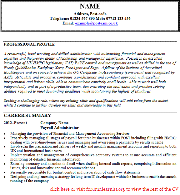 payroll administrator CV example