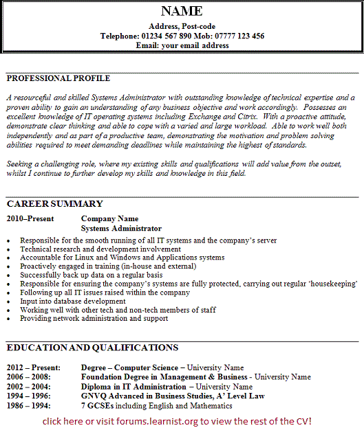 Systems Administrator CV Example - Learnist.org