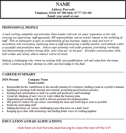 There is really no need to mask impurities. Cv Template For Team Leader . Team Leader Cv Example Learnist Org