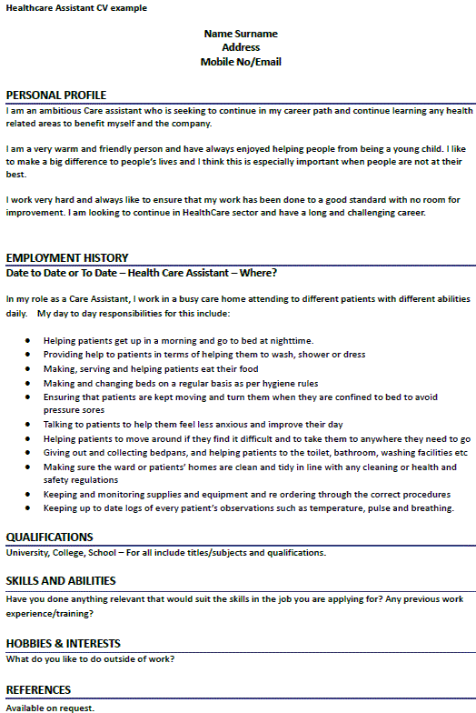 healthcare assistant cv example