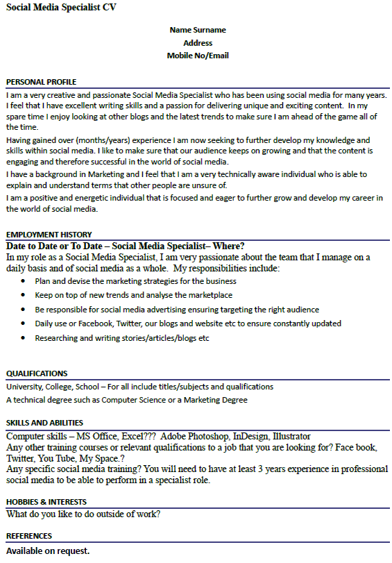 Social Media Specialist CV Example