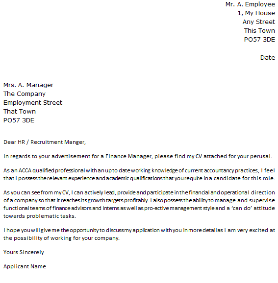 cover letter sample for job application in finance