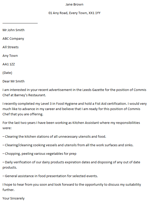 Commis Chef Cover Letter Example - Learnist.org