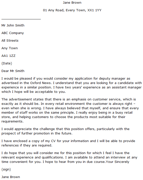 Deputy Manager Cover Letter Example Learnist