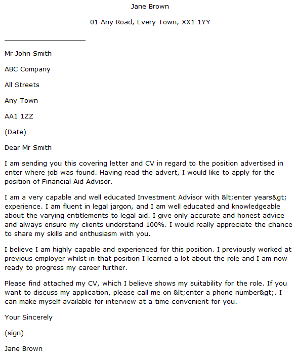 Financial Aid Advisor Cover Letter Example