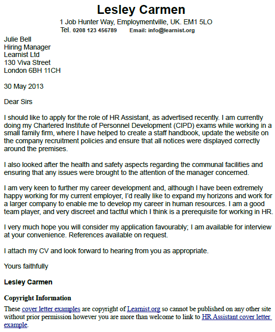 HR Assistant Cover Letter Example Learnist