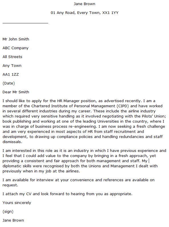 HR Manager cover letter