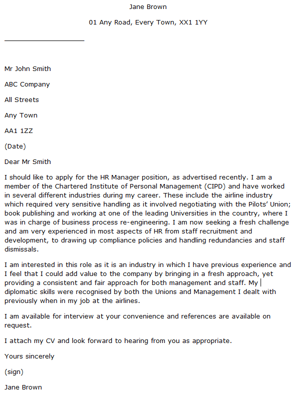 cover letter example for hr manager