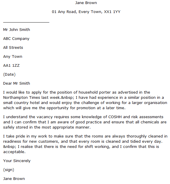 cover letter template for porter job