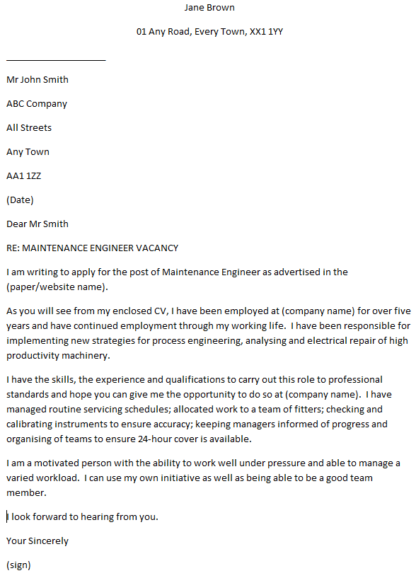 Maintenance Engineer Cover Letter Example - Learnist.org