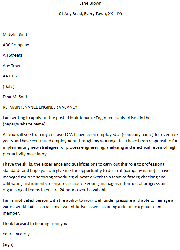 maintenance cover letter