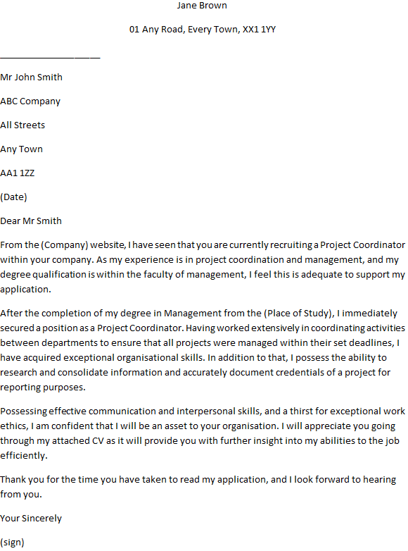 job application letter for project coordinator