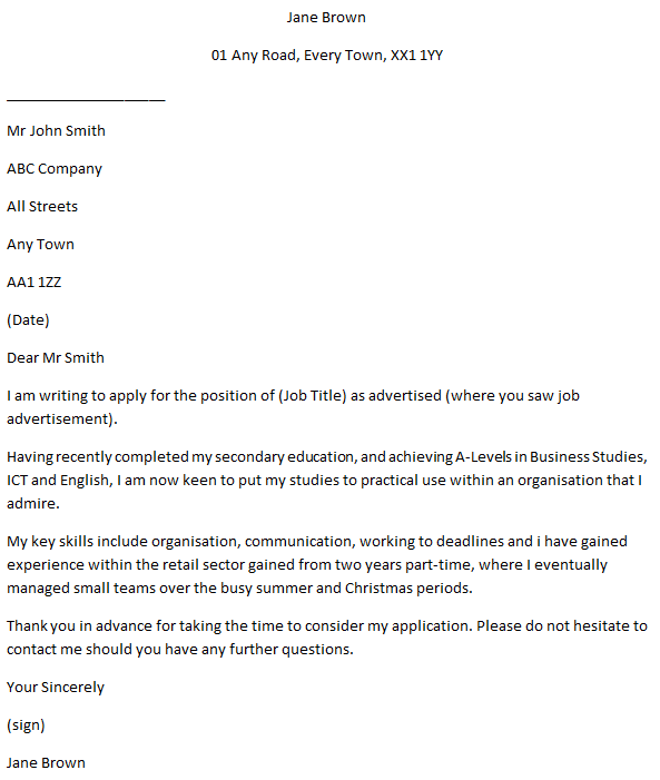 School Leaver Job Application Covering Letter Example Learnist