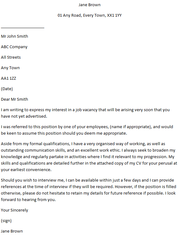 cover letter examples for jobs not advertised