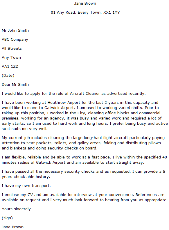 cover letter for aircraft cleaner job with no experience