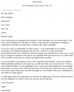 an application letter to work in a bar