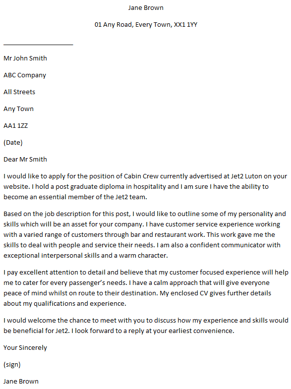 example of cover letter for cabin crew position