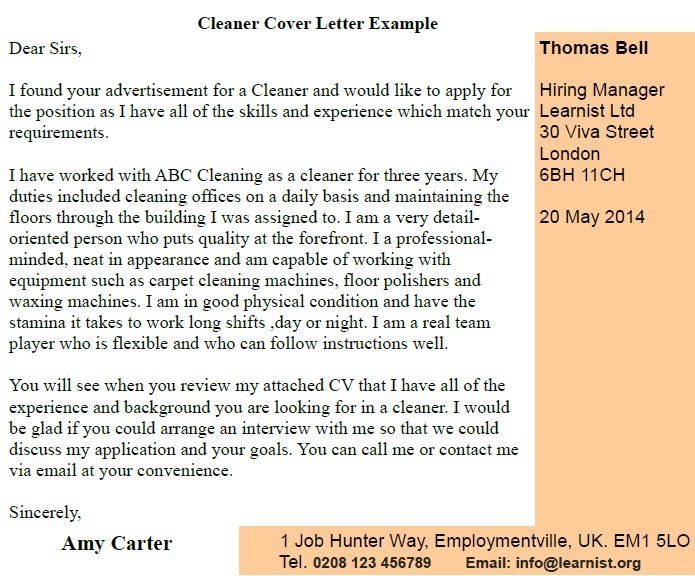 application letter to work as a cleaner