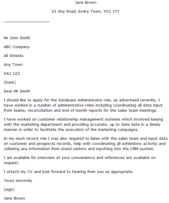 database administrator cover letter sample