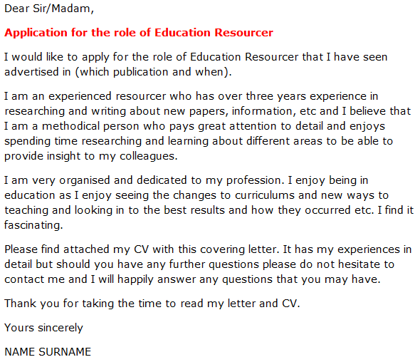 education resourcer cover letter