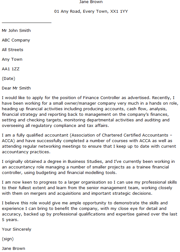 sample cover letter for controller position