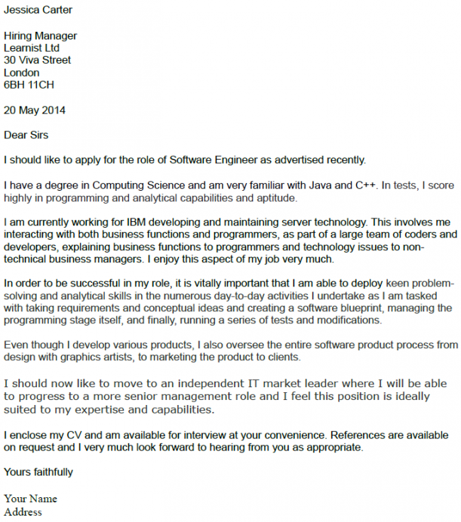 software engineer cover letter example uk