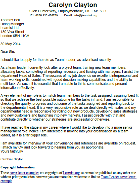 example of cover letter for team leader position