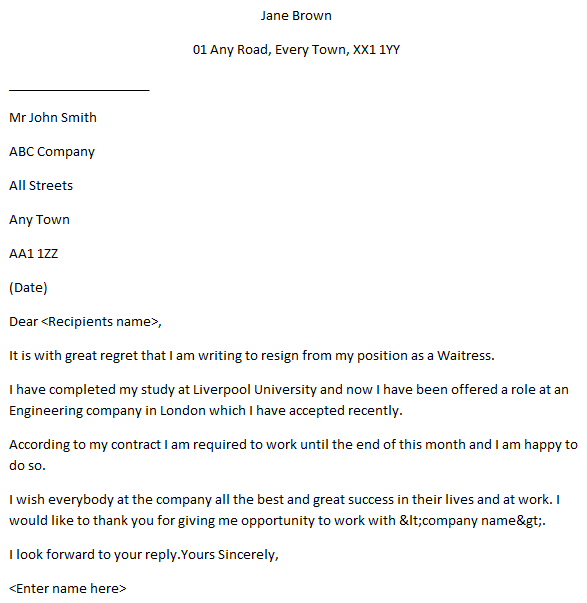 Waitress Resignation Letter Example