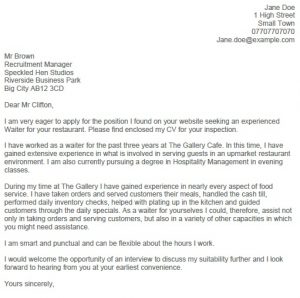 application letter of a waiter