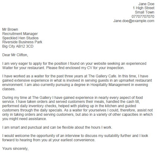 Waiter Cover Letter Example Learnist Org